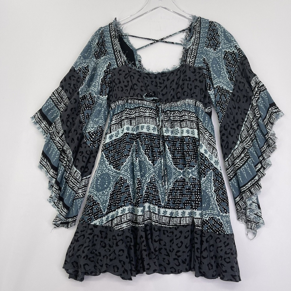 Free People XS Womens Mini Dress Indigo Combo Boho Short Sleeve